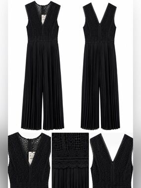 Zara Black Lace Bodice Pleated Wide Leg Jumpsuit NWT Medium